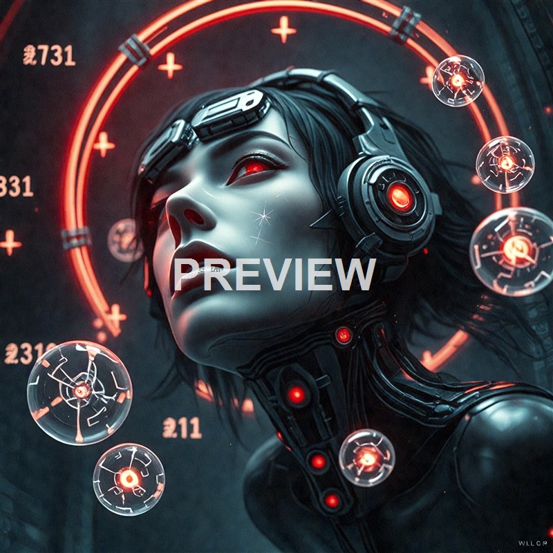 A highly detailed digital artwork of a futuristic female android or cyborg with a sleek metallic face, glowing red eyes, and a headpiece with various technological components, surrounded by floating illuminated orbs and a circular interface in the background.